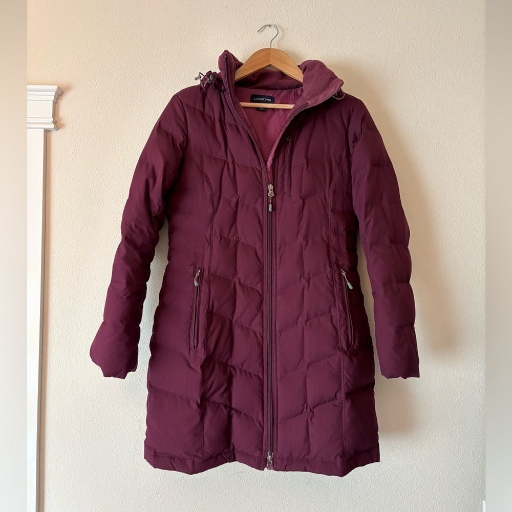 Lands' End Burgundy Wine Red Women's Hooded Down Winter Puffer Coat Size XS